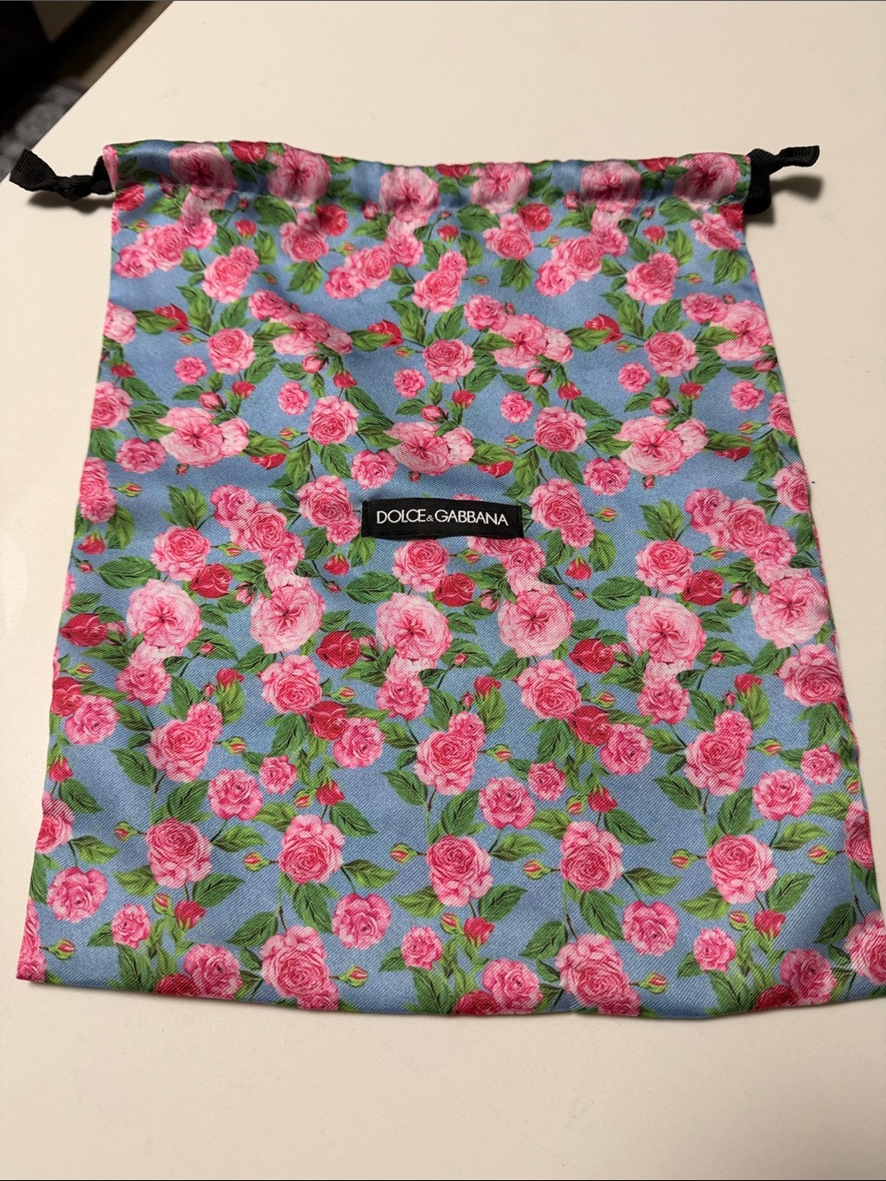 Dolce & Gabbana Blue Floral Drawstring Pouch with Pink Roses